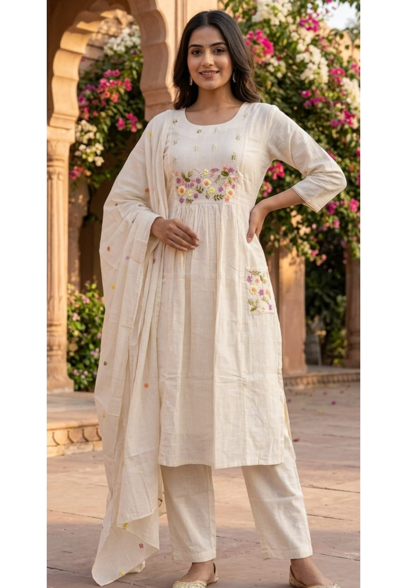 Ivory Floral Embroidered A-Line Full Suit Set With Dupatta In Kora Cotton Fabric- 14688