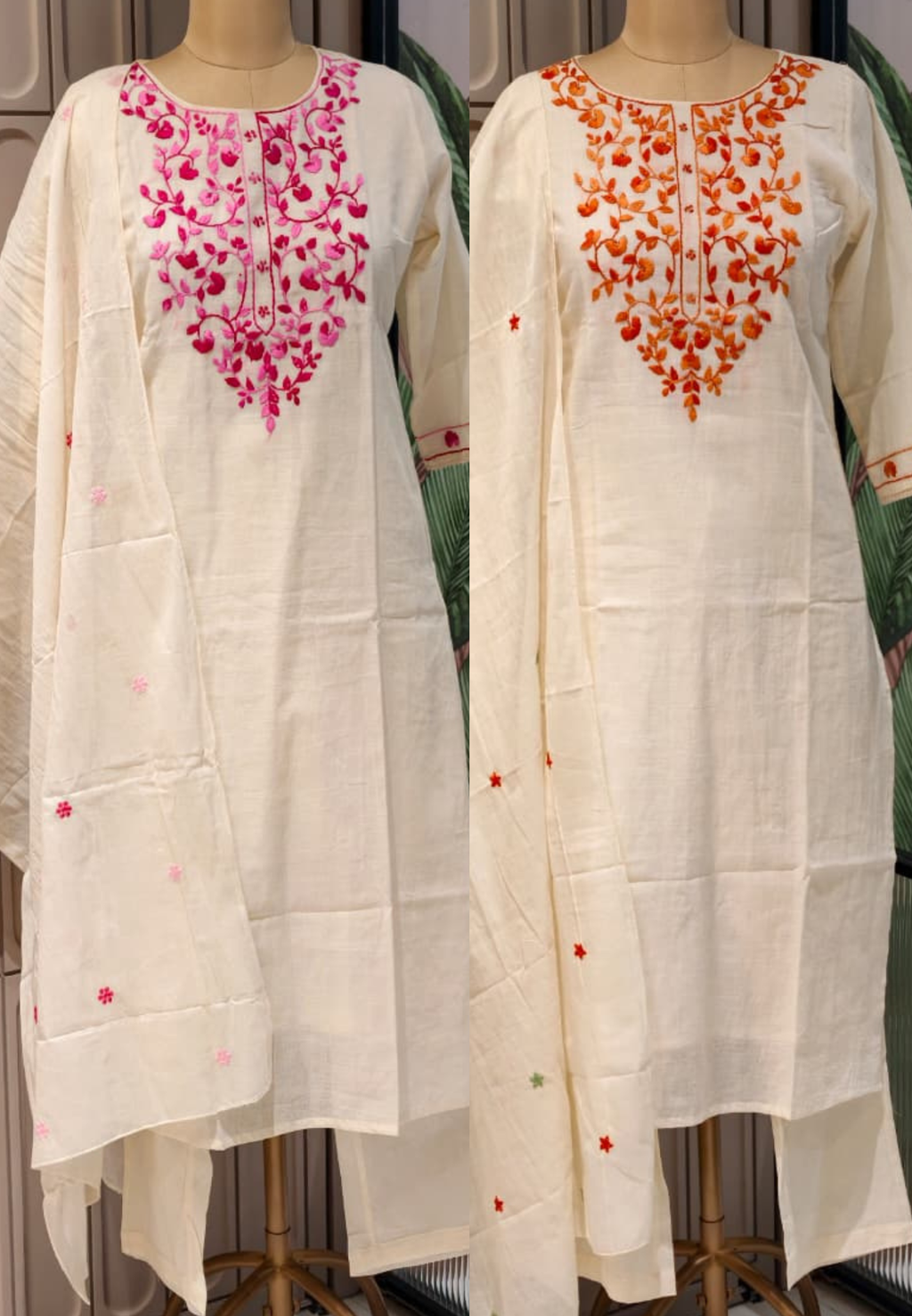 Elegant Off-White Kora Cotton Full Suit Set with Intricate Multi-Color Thread Embroidery