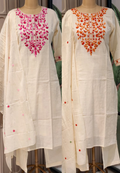 Elegant Off-White Kora Cotton Full Suit Set with Intricate Multi-Color Thread Embroidery
