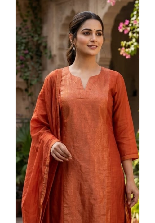 Elegant Beautiful Dual-Tone A-Line Kurta With Bottom and Dupatta In Surat Mul Chanderi Fabric