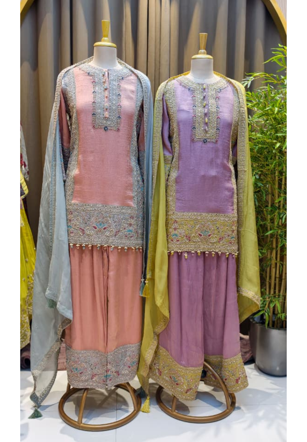 Chevron Dual Shade Pastel Hand Embroidery Work Tassel Accent Heavy Party Wear-14286
