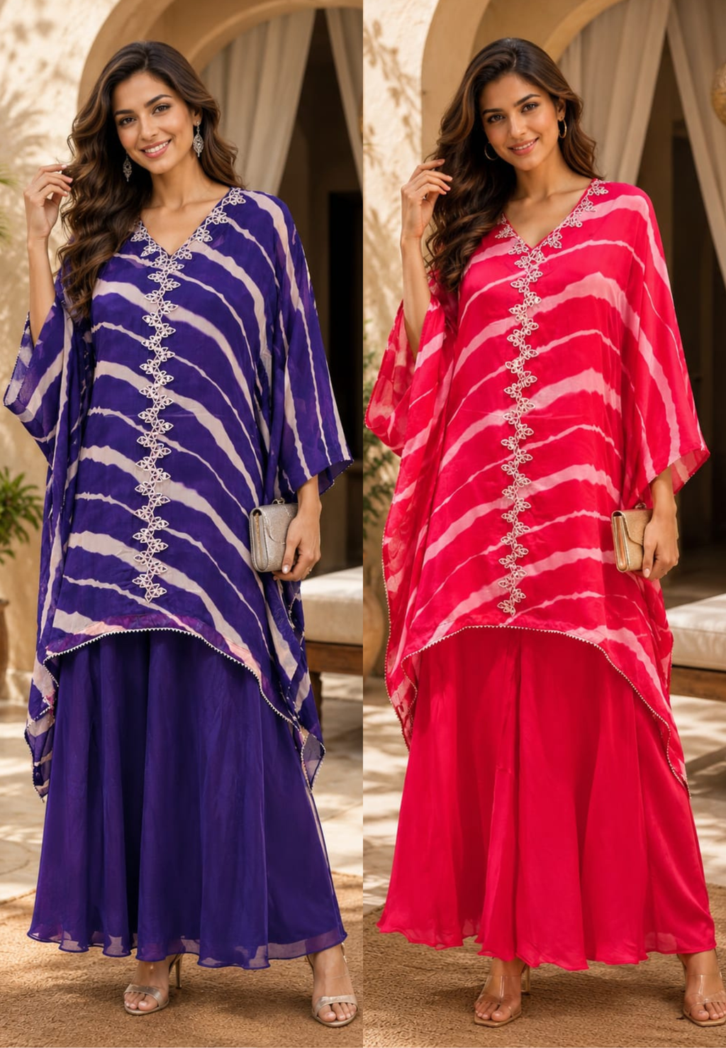 Elegant Tie-Dye Leheriya Kaftan Kurta with Palazzo Co-Ord Set for Festive & Casual Wear-15610