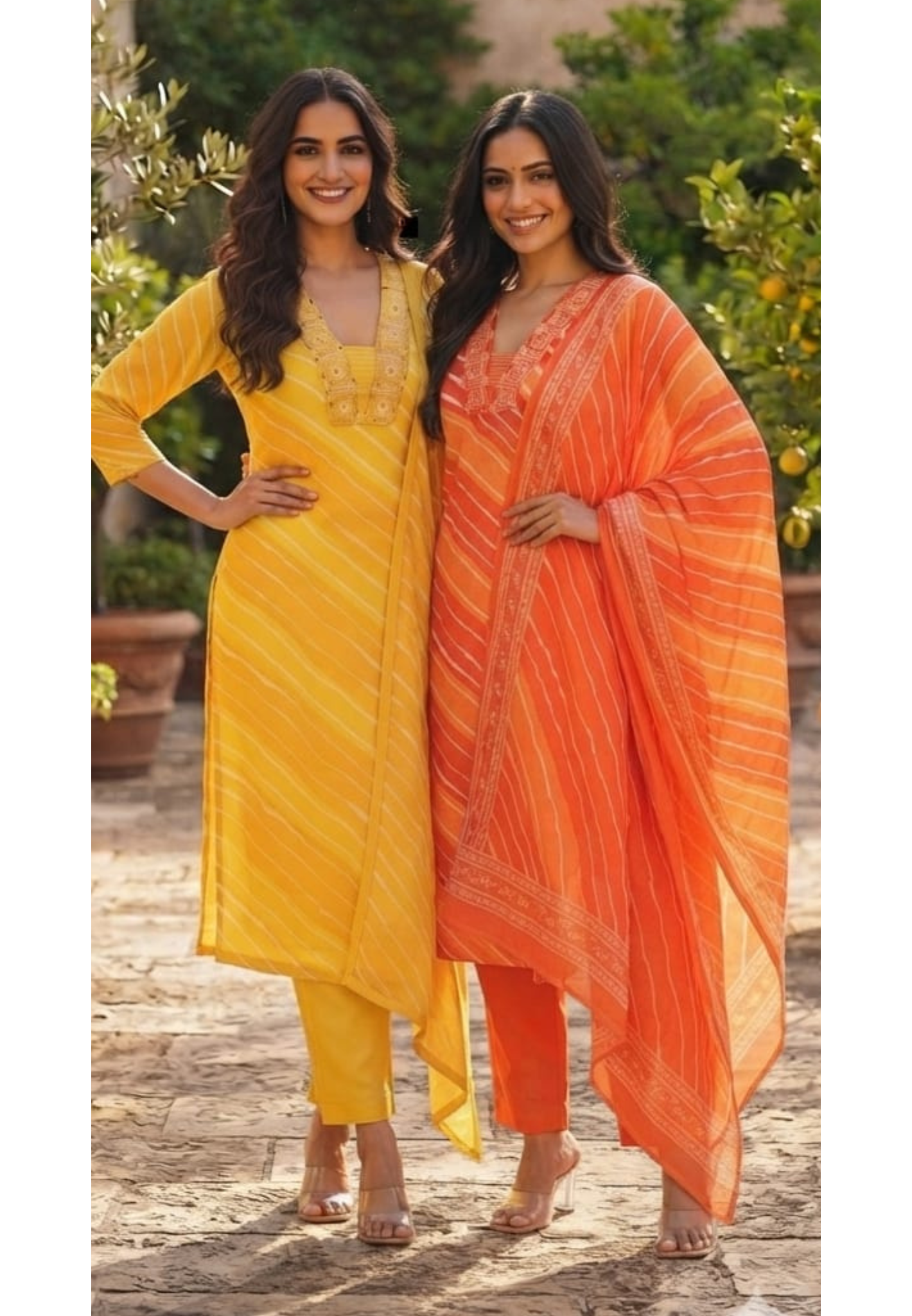 Rajasthani Boho Foil Mirror Thread Embroidery Neckline Lehriya Cotton Full Suit Set With Dupatta- 15670