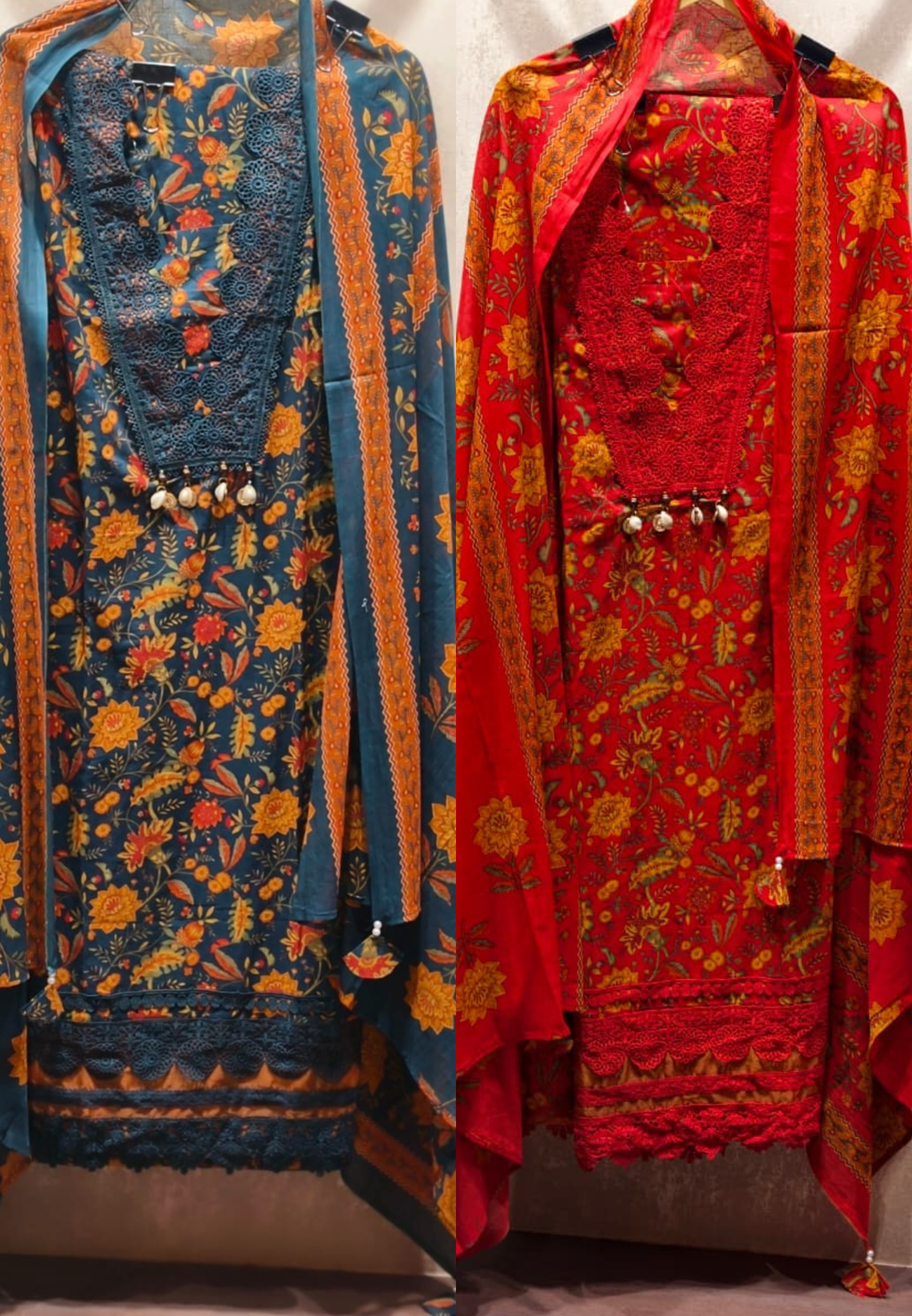 Vibrant Botanical Floral Print Full Suit Set with Lace & Cowrie Shell Detailing- 14907, 06