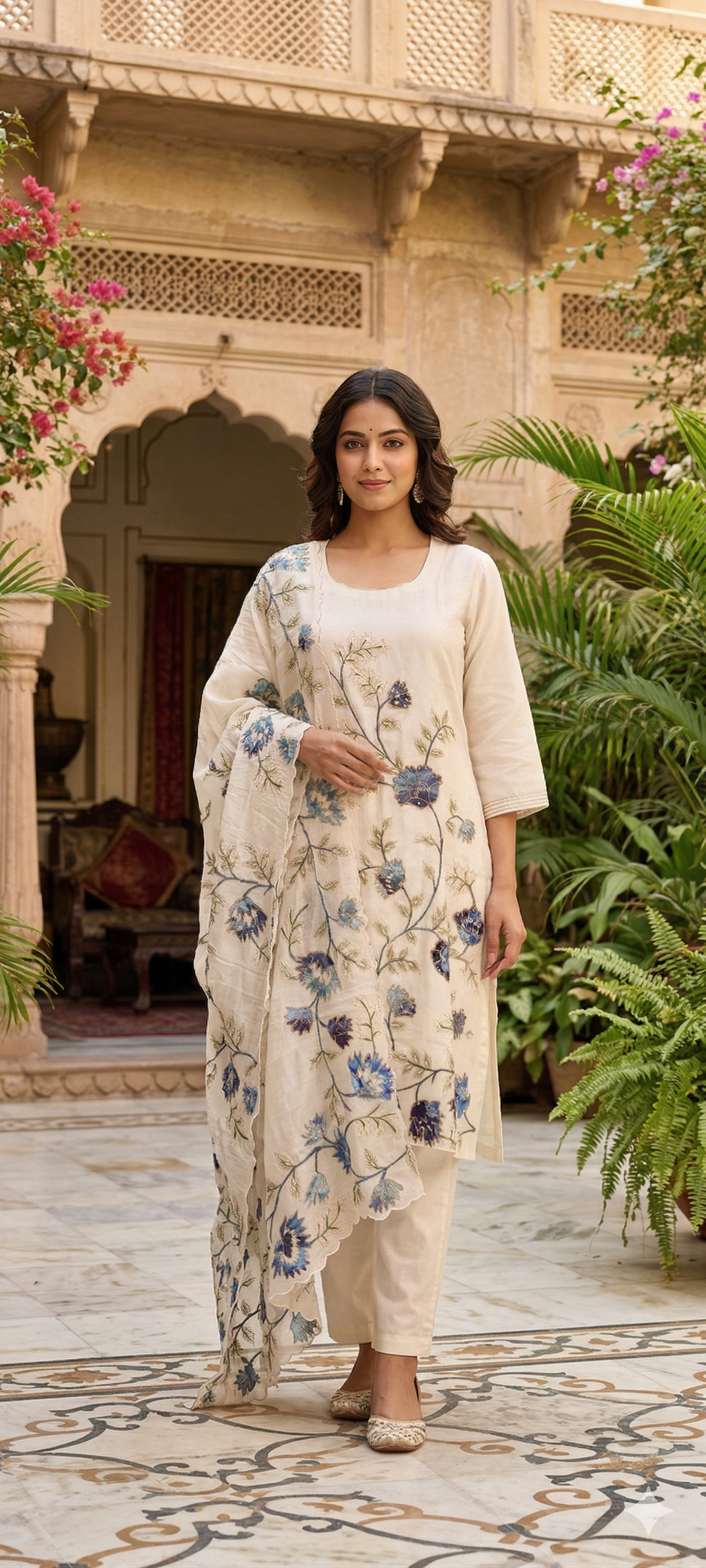Elegant Soft Mul Chanderi Straight Cut Suit Set with Intricate Floral Embroidery 14029 W43