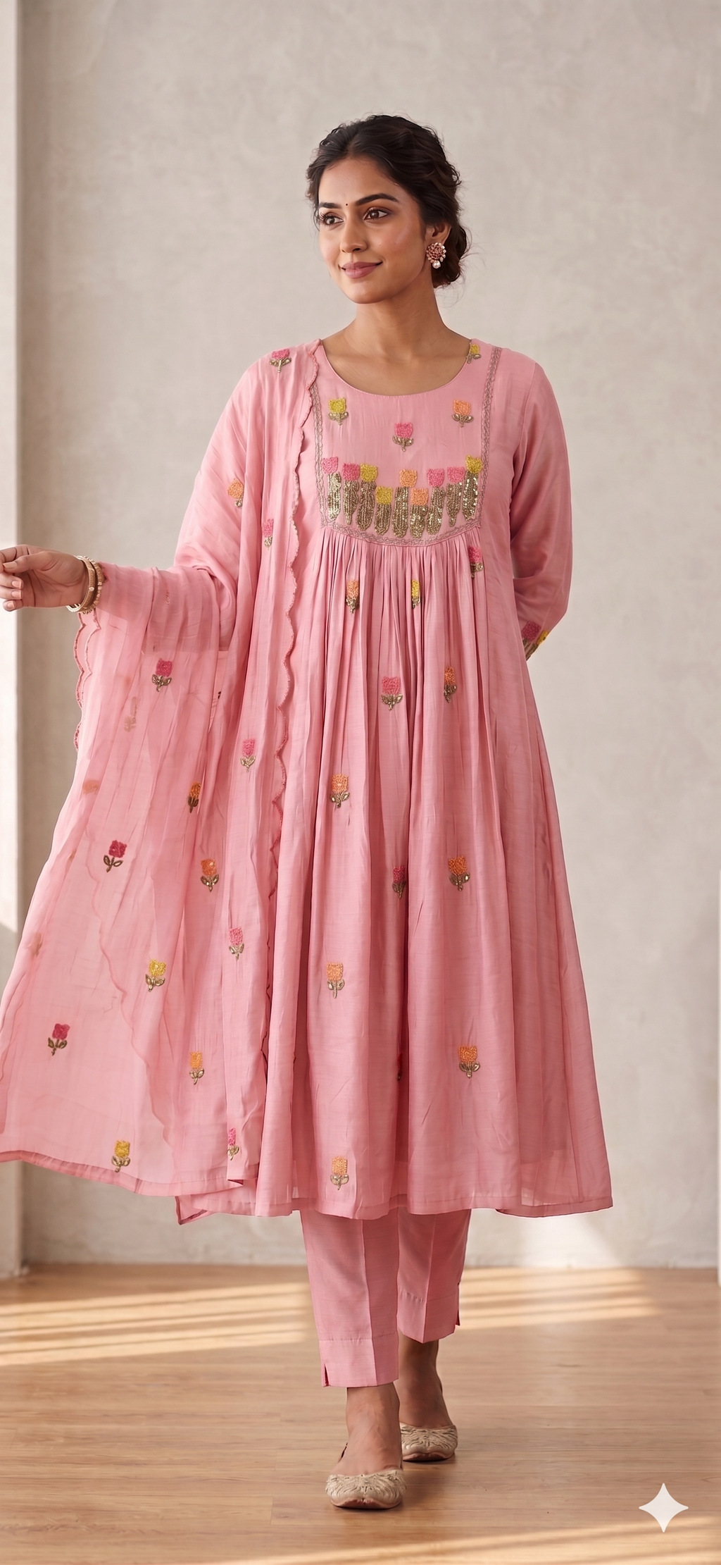 Festive Ethnic Ensemble with Floral Motif Embroidery Surat Mul-Chanderi Full Suit Set With Dupatta- 15079