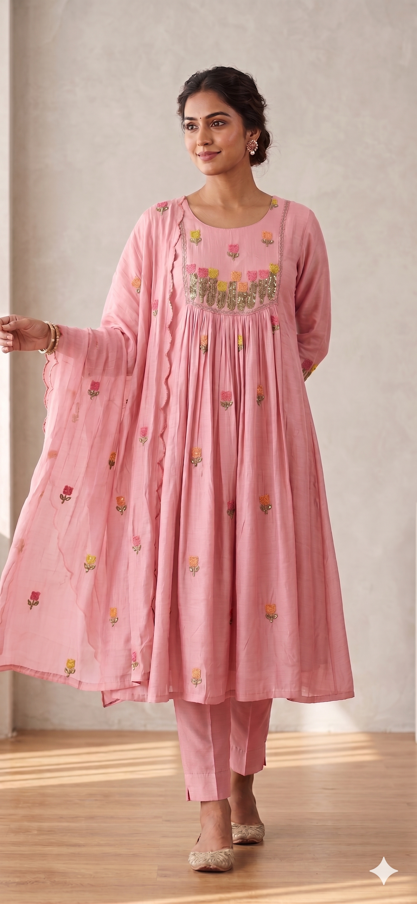 Festive Ethnic Ensemble with Floral Motif Embroidery Surat Mul-Chanderi Full Suit Set With Dupatta- 15079