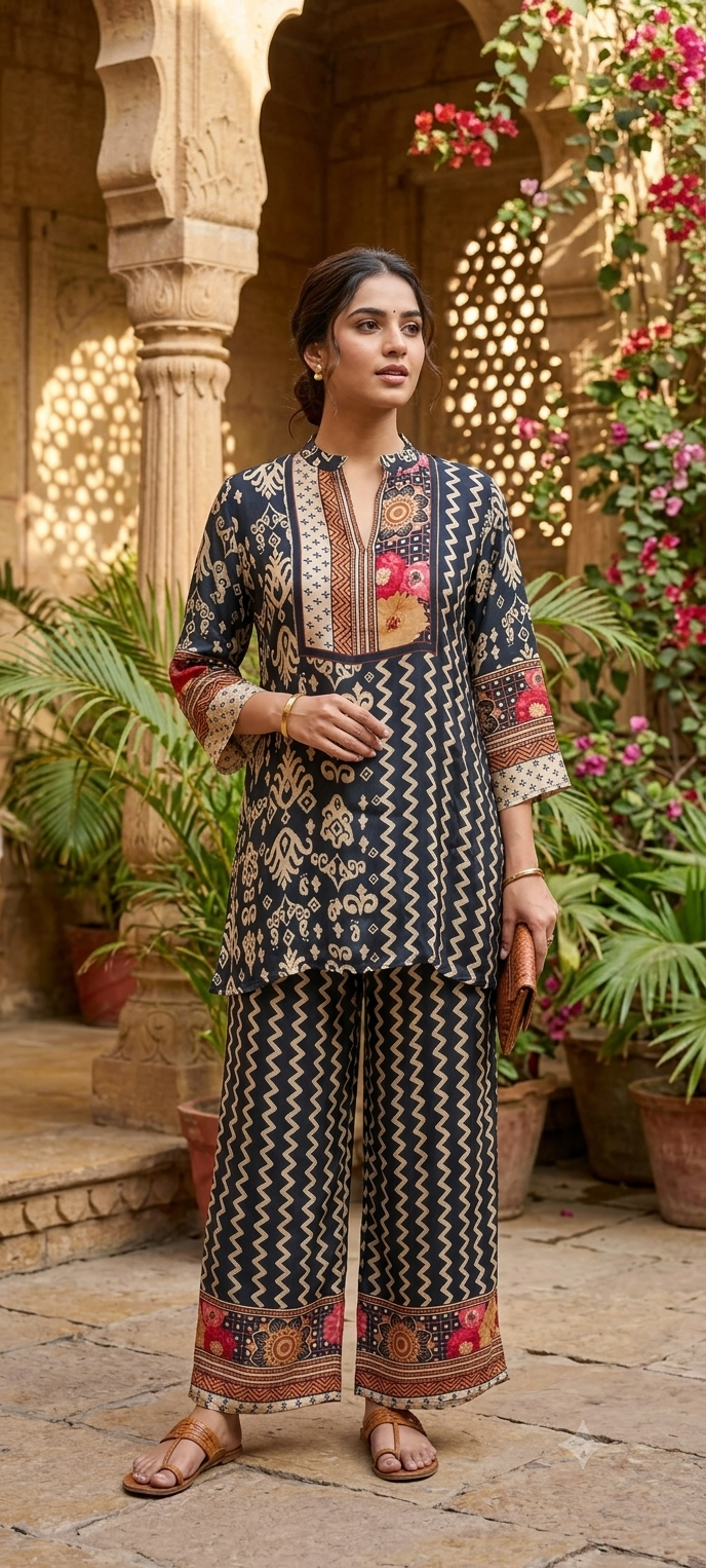 Colorful Multiprints Flowy Crepe Light Weight Casual Co-Ord Set- 15473