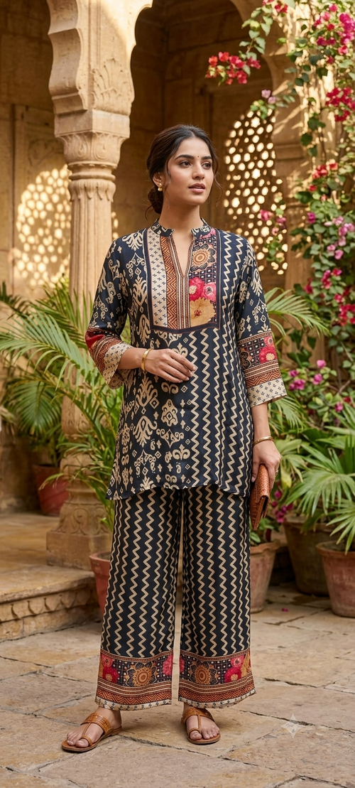 Colorful Multiprints Flowy Crepe Light Weight Casual Co-Ord Set- 15473