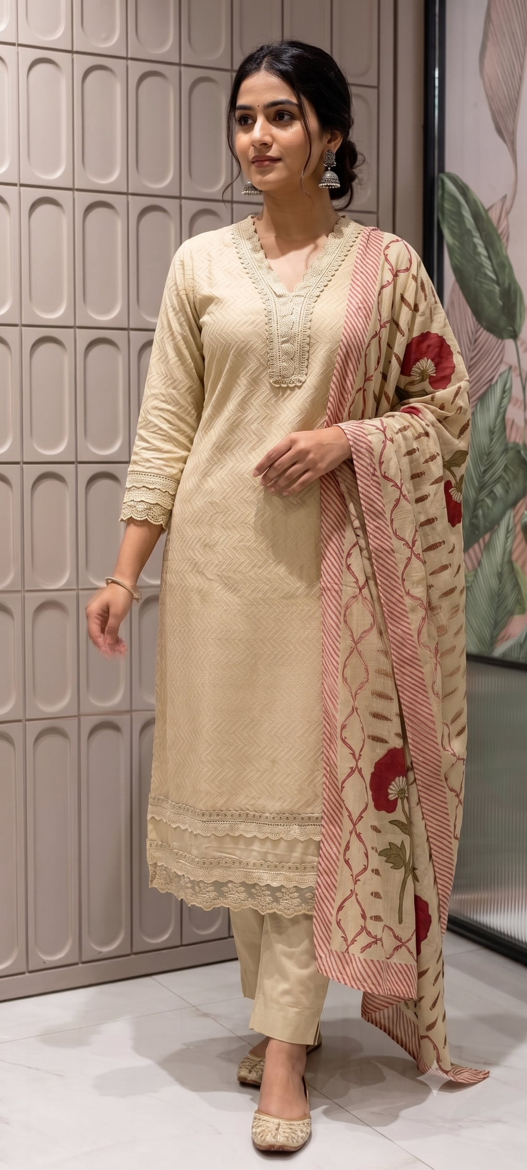 Elegant Straight Graceful Cotton Full Suit Set with Printed Dupatta & Lace Detailing- 14833