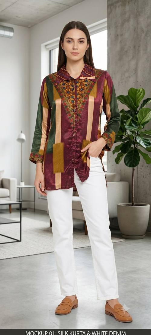 Ajrakh Assymetric Multicolor Print Crepe Casual Wear Shirt- 15323