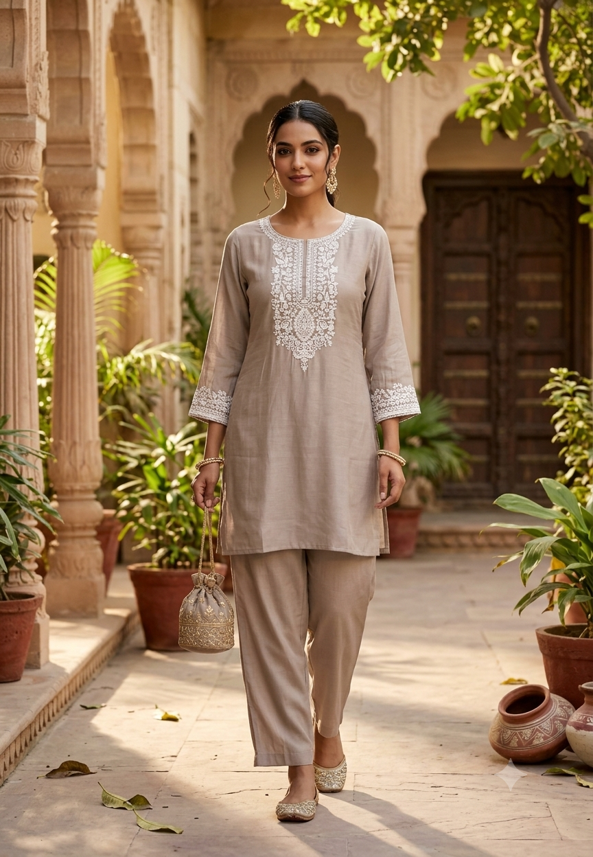 Chikankari Inspired Embroidery Soft Tone Surat Mul-Chanderi Co-Ord Set- 13411