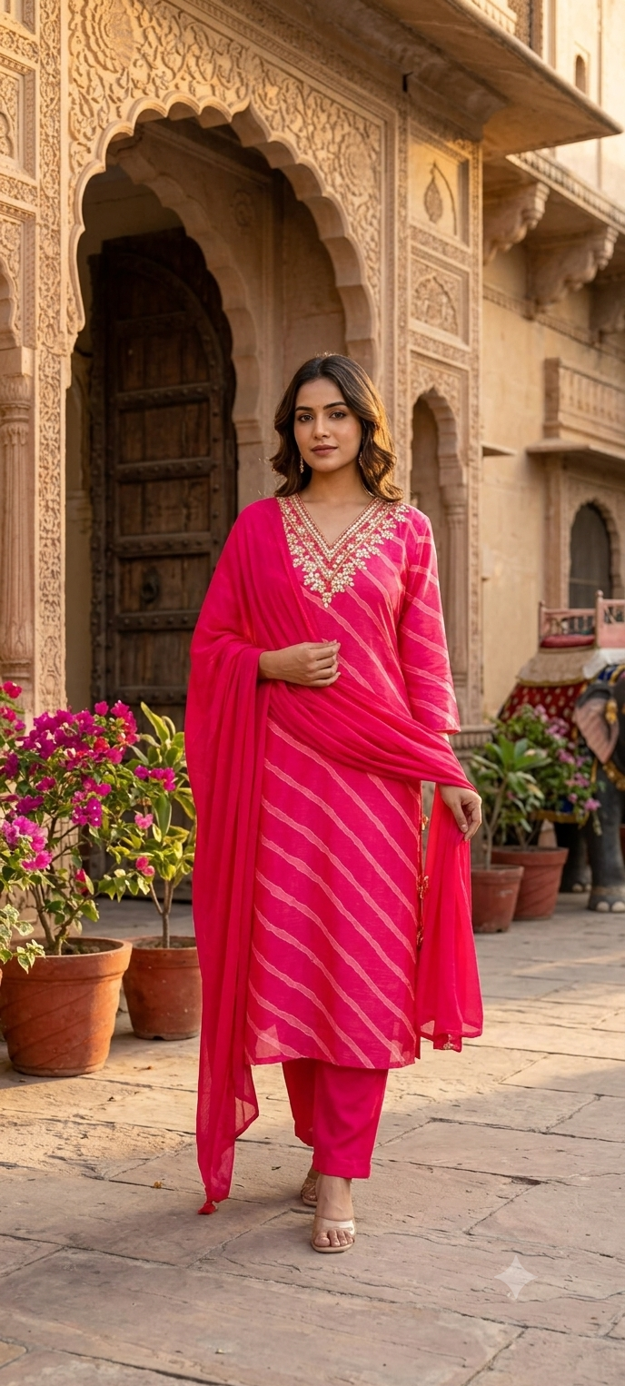 Fuschia Elegance Lehriya Printed Gotta Neckline Russian Silk Full Suit Set With Dupatta- 15607