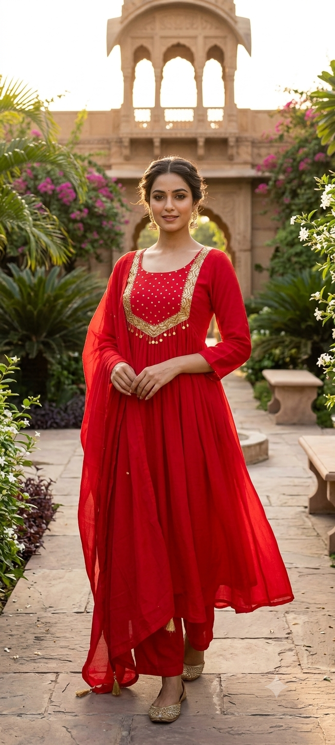 Golden Sequin Embellished Yoke Surat Mul-Chanderi A-Line Full Suit Set With Dupatta- 16019