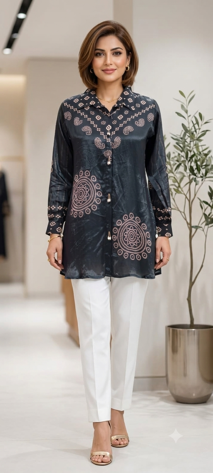 Midnight Glam Bandhej Printed Flowy Casual Crepe Shirt- 15323