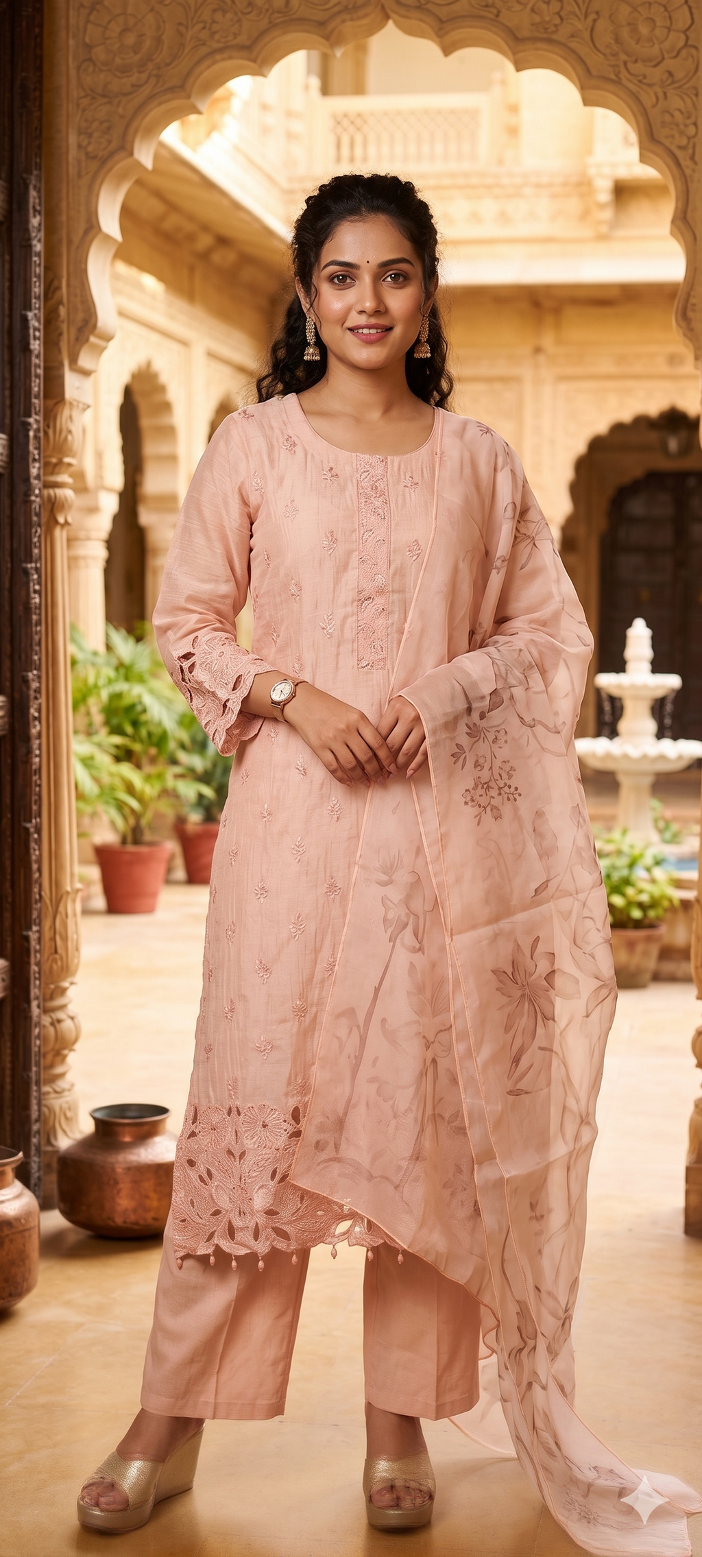 Premium Pure Mul Chanderi Pastel shade Embroidered Kurti with Fine Thread Motifs, Lace Sleeves & Cutwork Border-13652