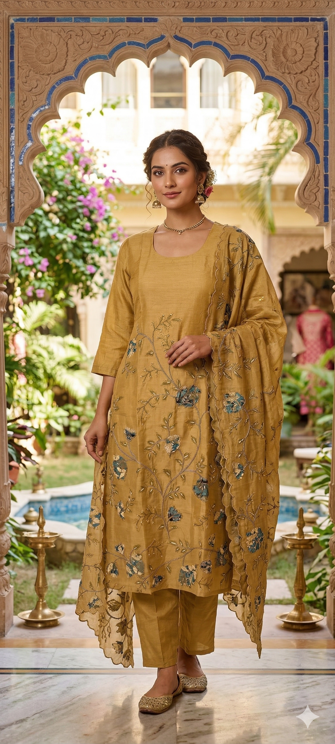 Elegant Soft Mul Chanderi Straight Cut Suit Set with Intricate Floral Embroidery 14029 W43