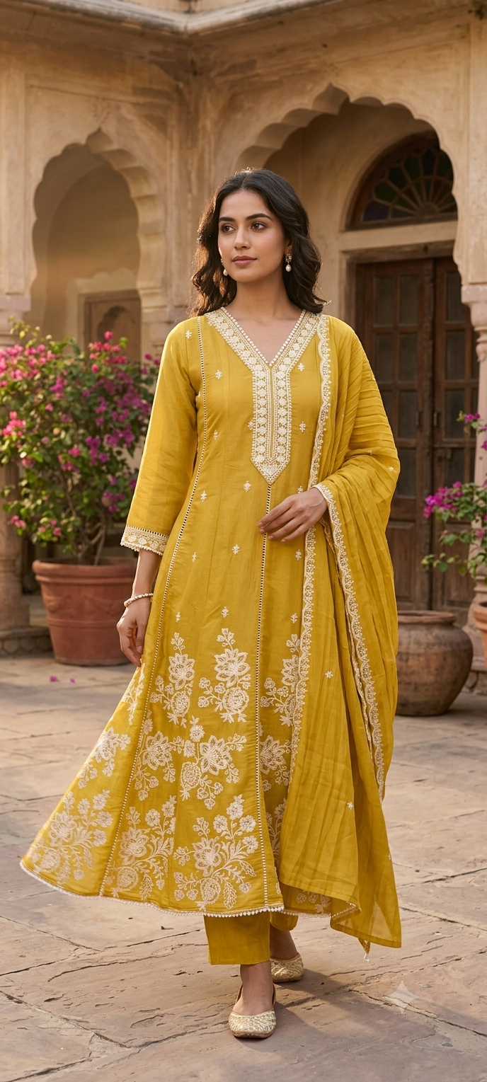 Lace Panel Intricate Floral Embroidered Surat Mul-Chanderi Anarkali Full Suit Set With Dupatta- 15227