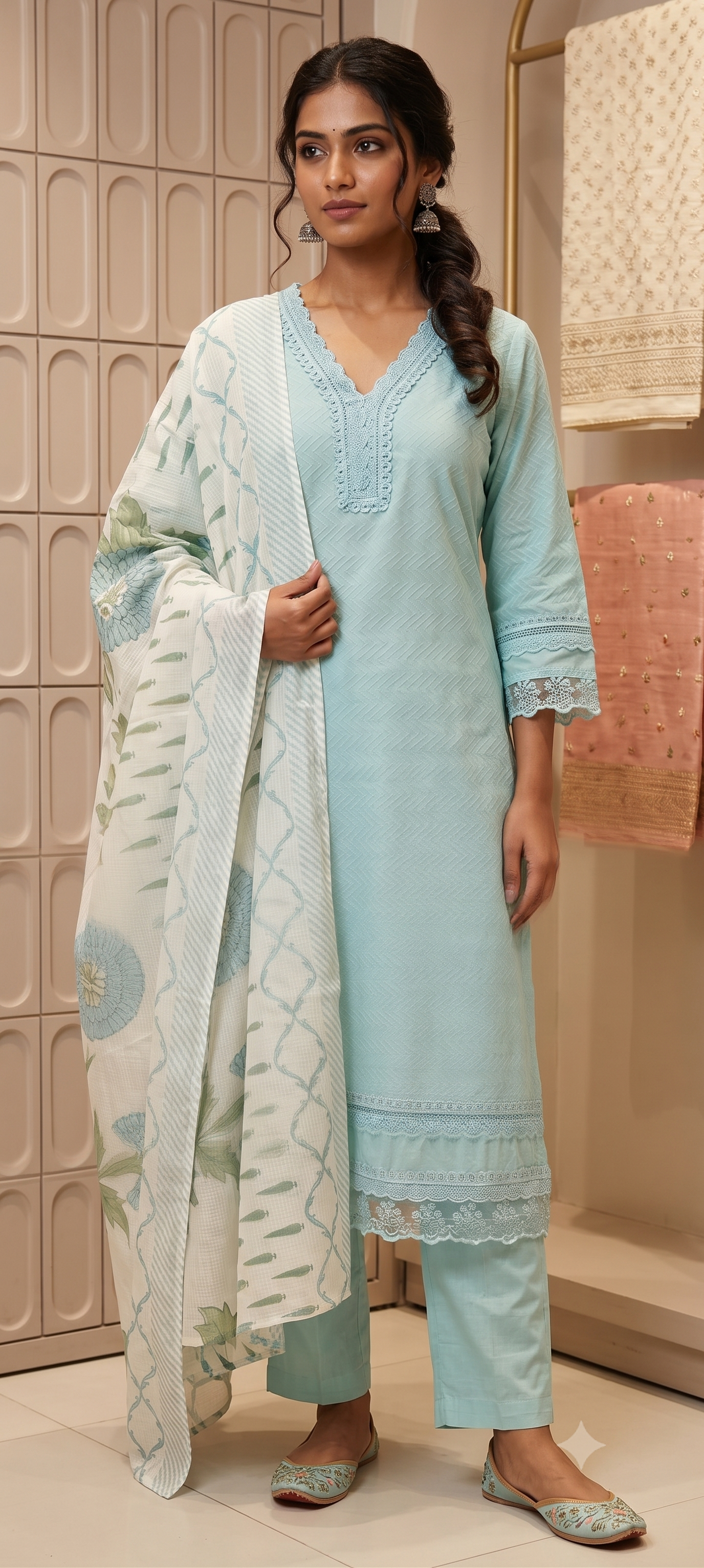 Elegant Straight Graceful Cotton Full Suit Set with Printed Dupatta & Lace Detailing- 14833