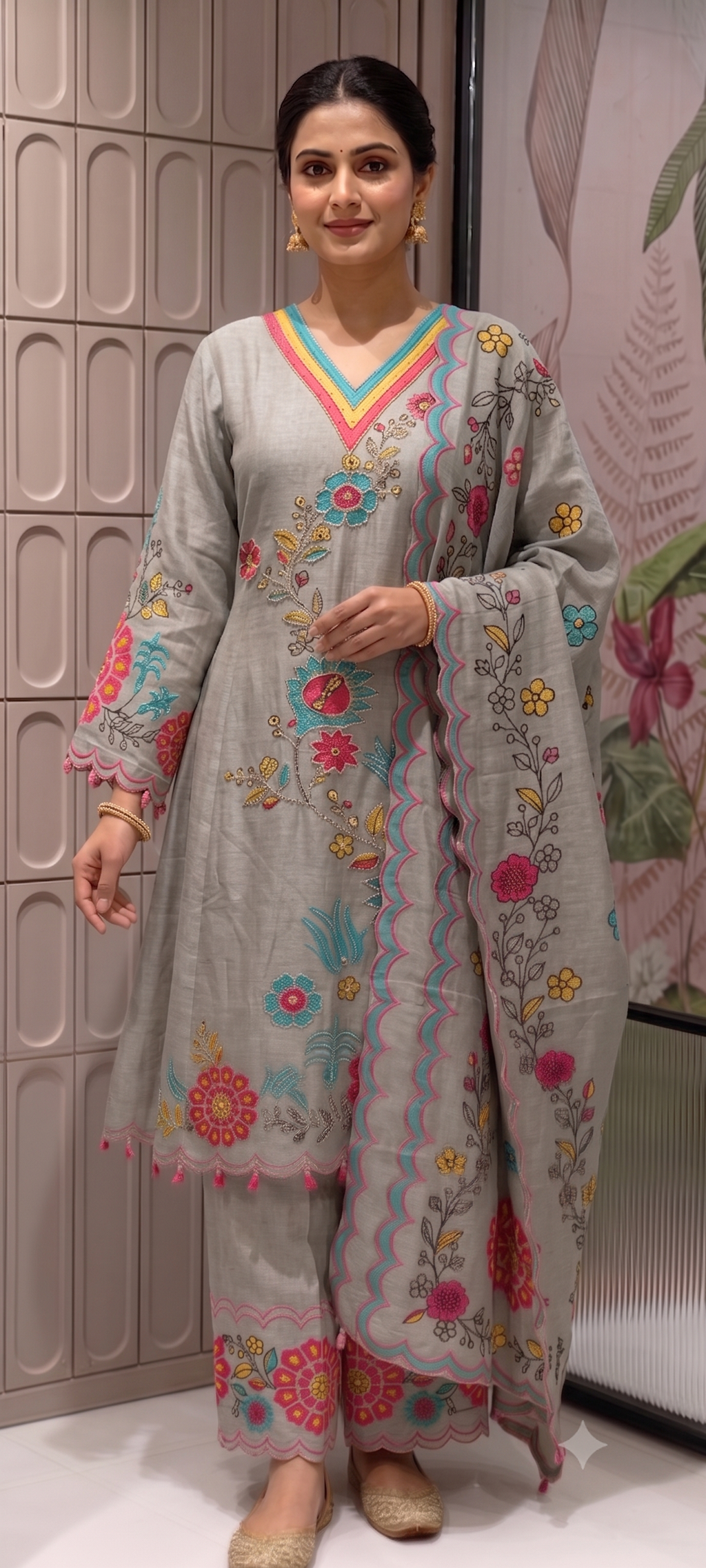 Multicolor Print Tiny Pearl Highlights Artisnal Tissue A-Line Full Suit Set With Dupatta- 14292