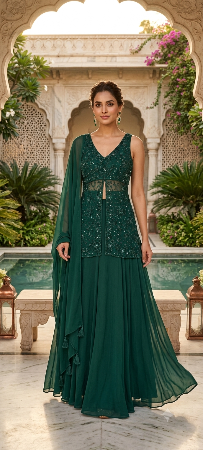 Premium Georgette Celestial Intricate Stones Cut-dana Embroidery Peplum Kurta WithFlared Palazzo Bottom & Tasseles Dupatta- 15007