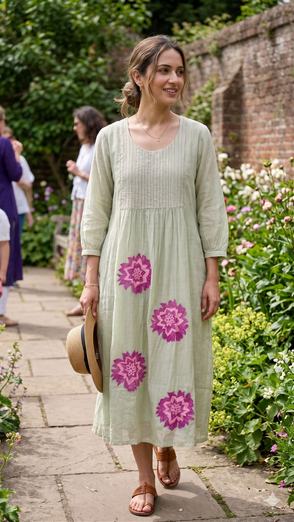 Floral Embroidered Pastel A-Line Mul Chanderi Frock with Pleat Details- 15128