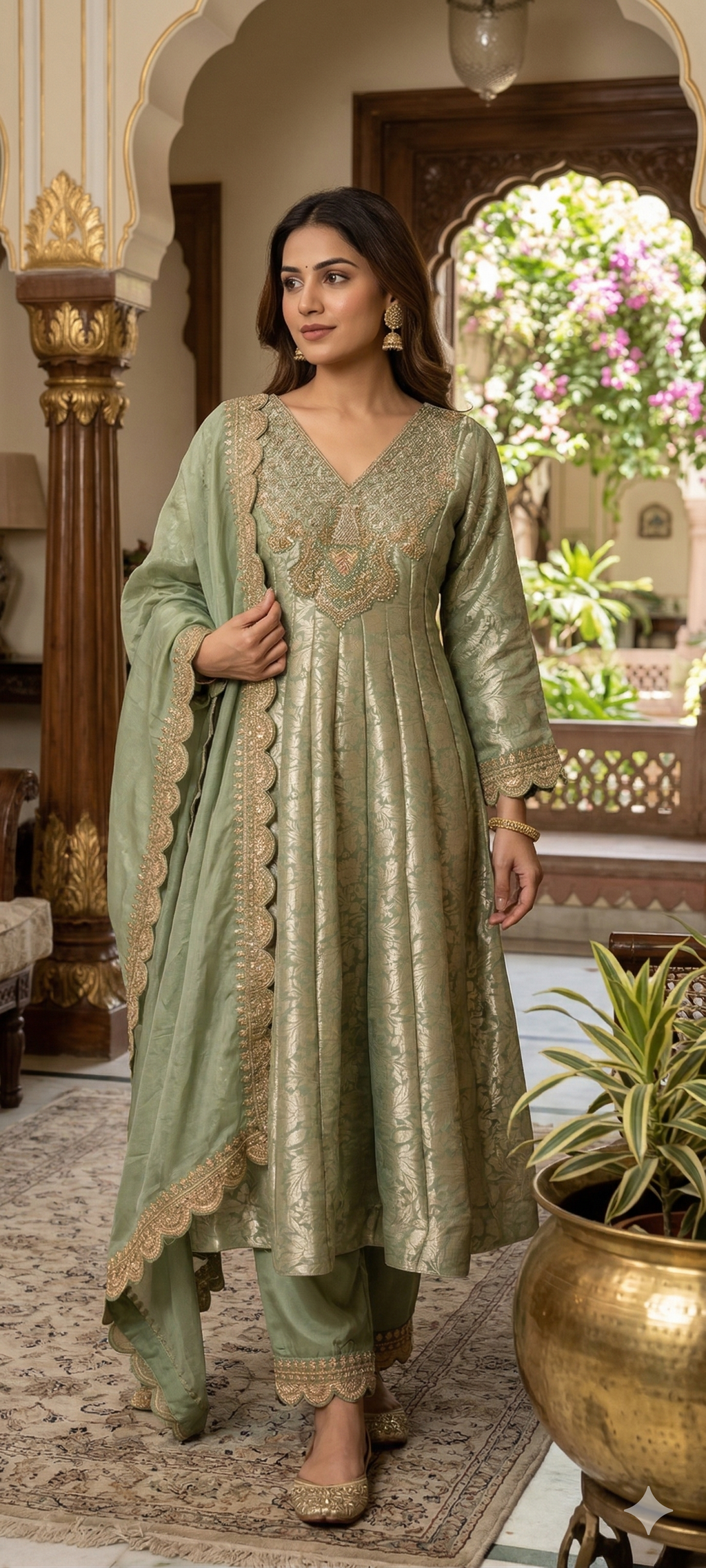 Jacquard Pattern Stunning Heavy Neck Embroidery Brocade Panel Anarkali Full Set- 14072 W36
