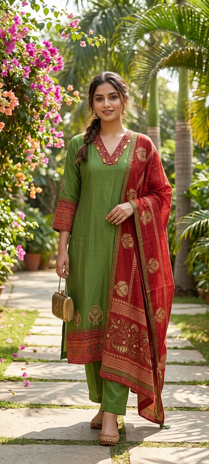 Dual Color Combination Ethnic Printed Full Suit Set With Dupatta- 15637