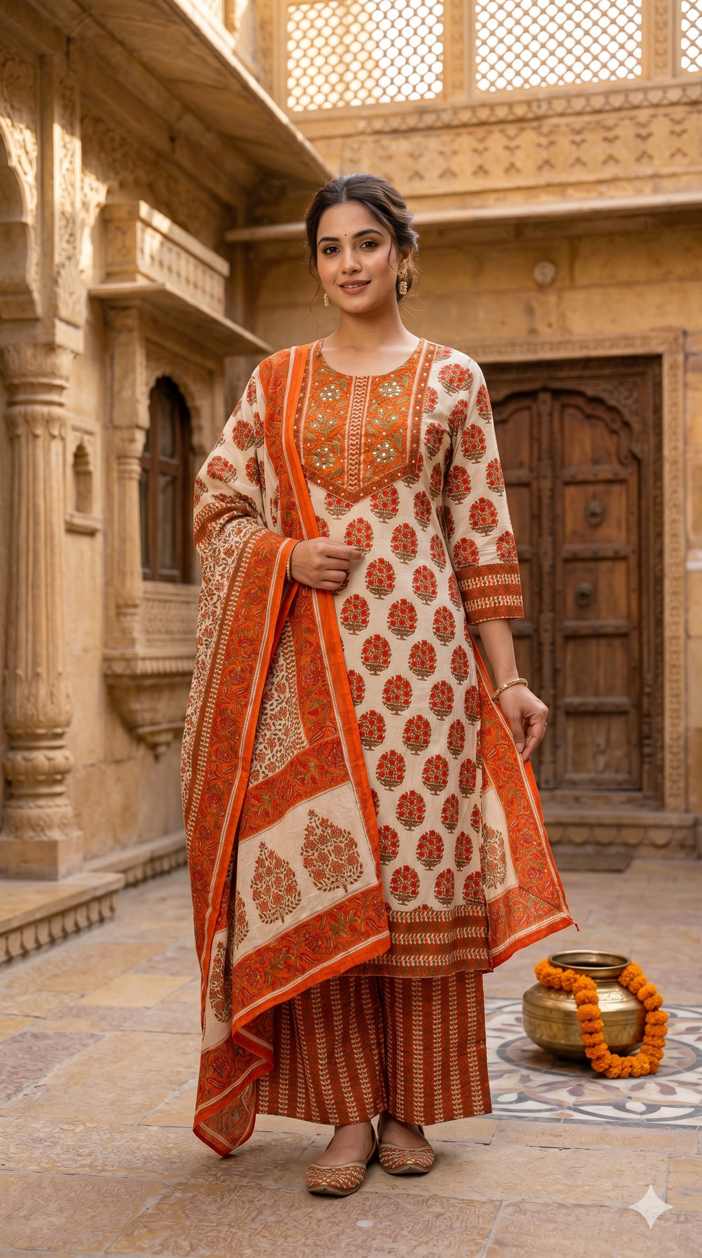 Pure Traditional Printed Ethnic Wear Cotton Full Suit Set With Dupatta- 14695 (Body Hugging)