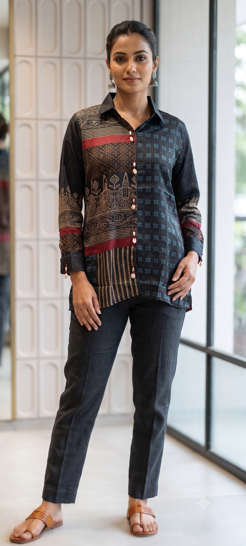Heritage Block-Print Fusion Shirt In Jet Black, Gold & Crimson- 14837