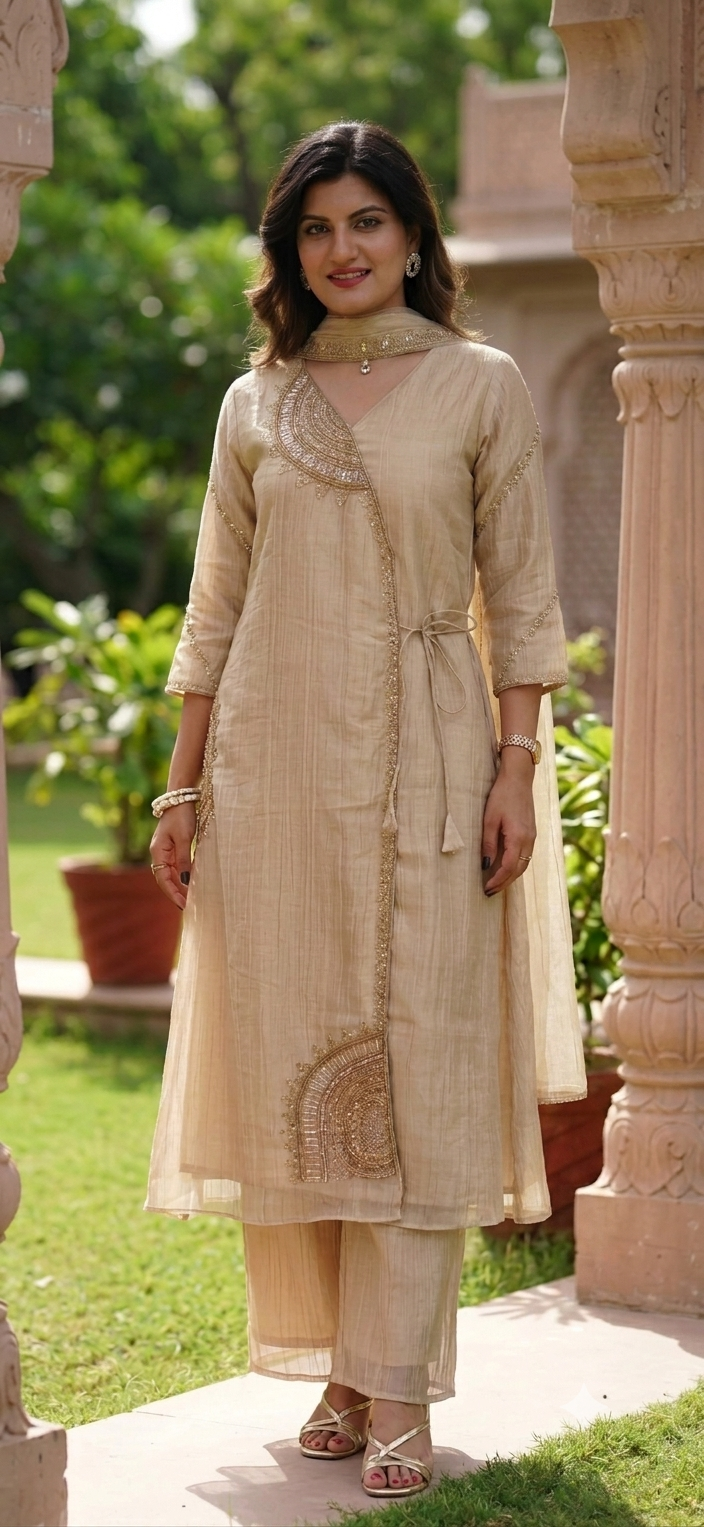 Elegant Cut-Dana With Sequin Half Rounded Embroidery Angrakha Style Salsa Fabric A-Line Full Suit Set With Chowker Dupatta- 15973