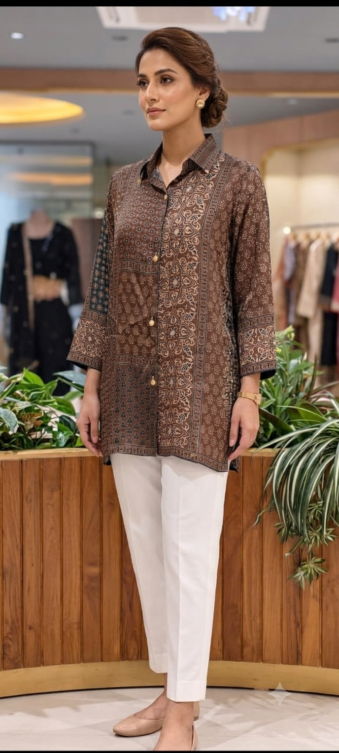 Tiny Floral Block Prints Coin Tassel Flowy Casual Crepe Shirt- 15634