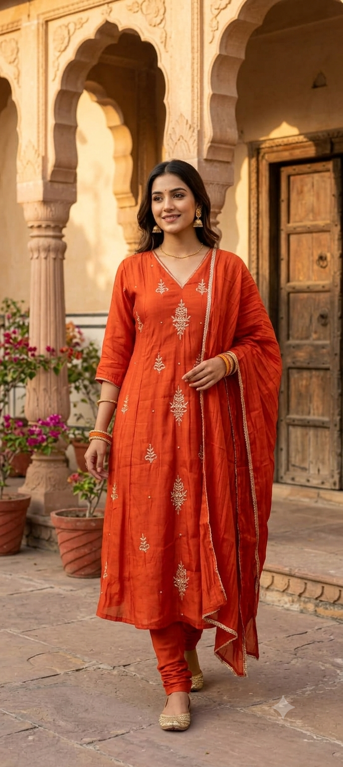 Vibrant Orange Elegant Cut-Dana Embroidered Surat Mul-Chanderi A-Line Full Suit Set With Dupatta- 15162