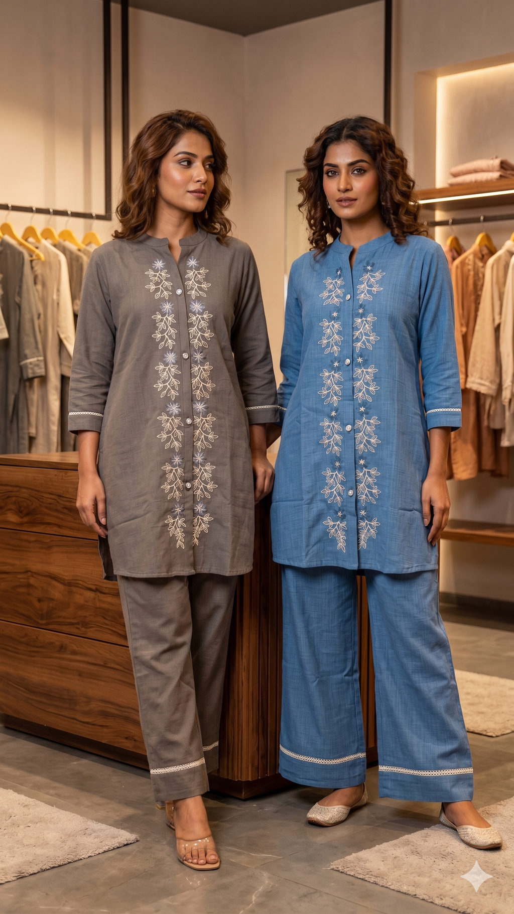 Fine Tiny Floral Embroidery Buttoned Soft Denim Matching Co-Ord Set-14732