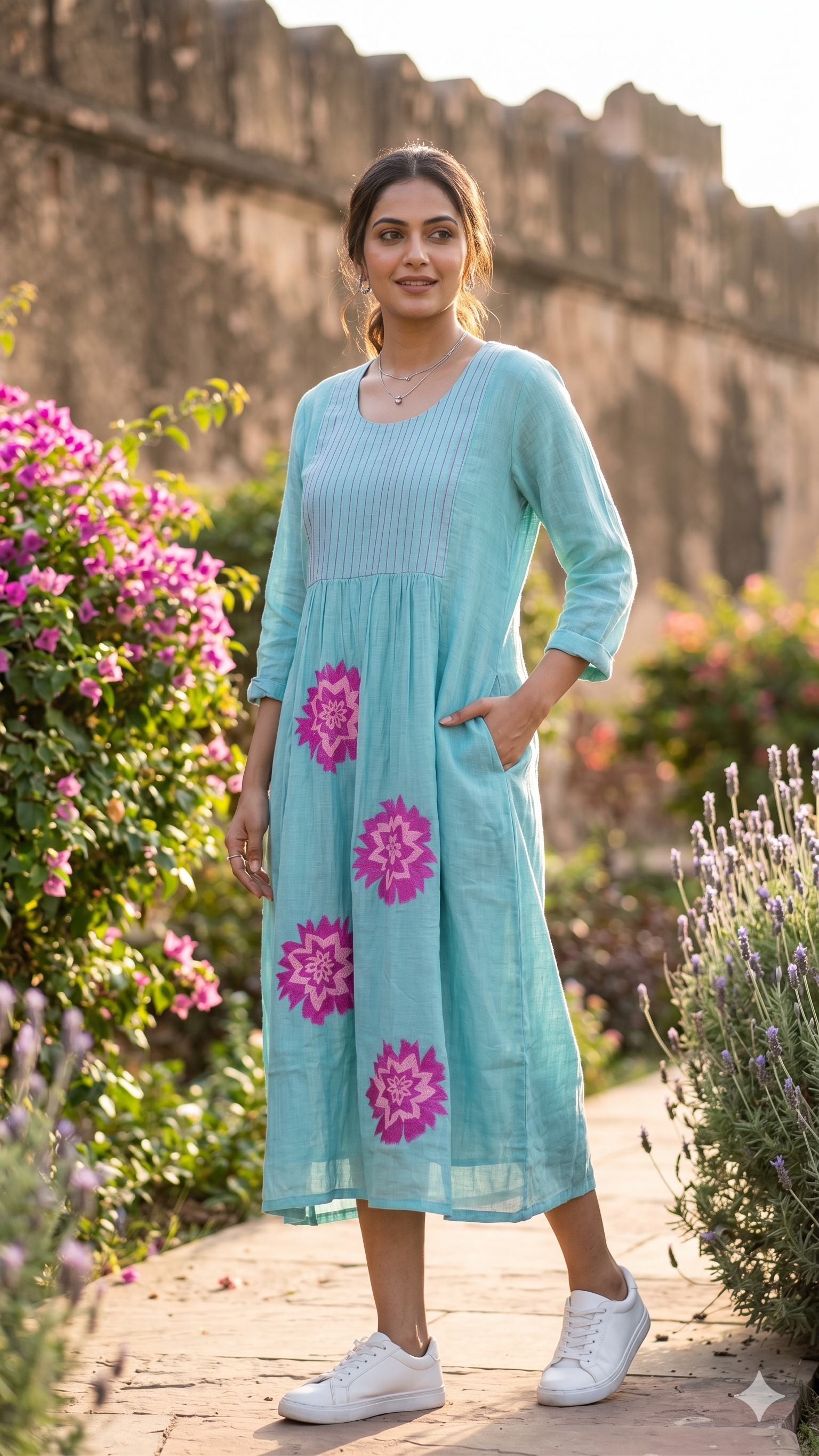 Floral Embroidered Pastel A-Line Mul Chanderi Frock with Pleat Details- 15128