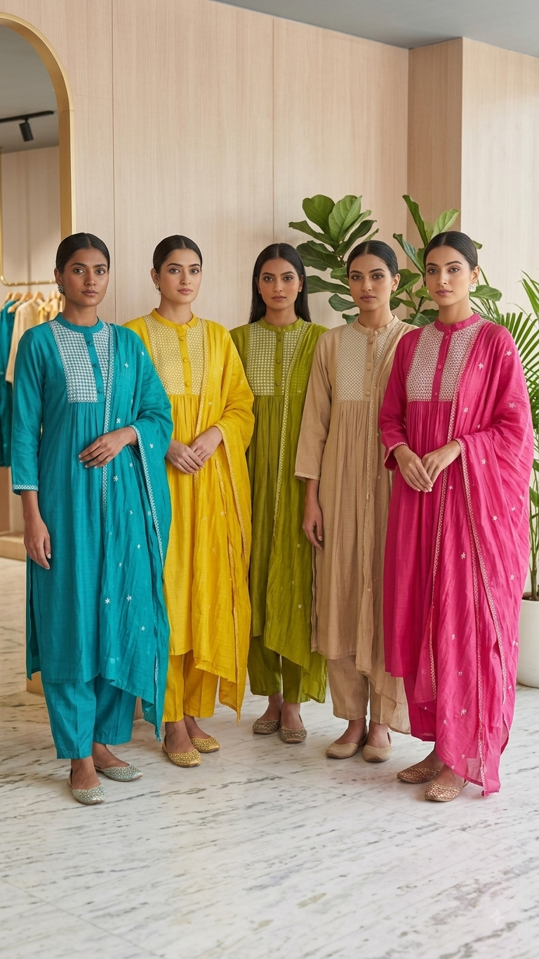 Premium Surat Mul-Chanderi Embroidered Yoke A-Line Full Suit Set with Dupatta- 15925