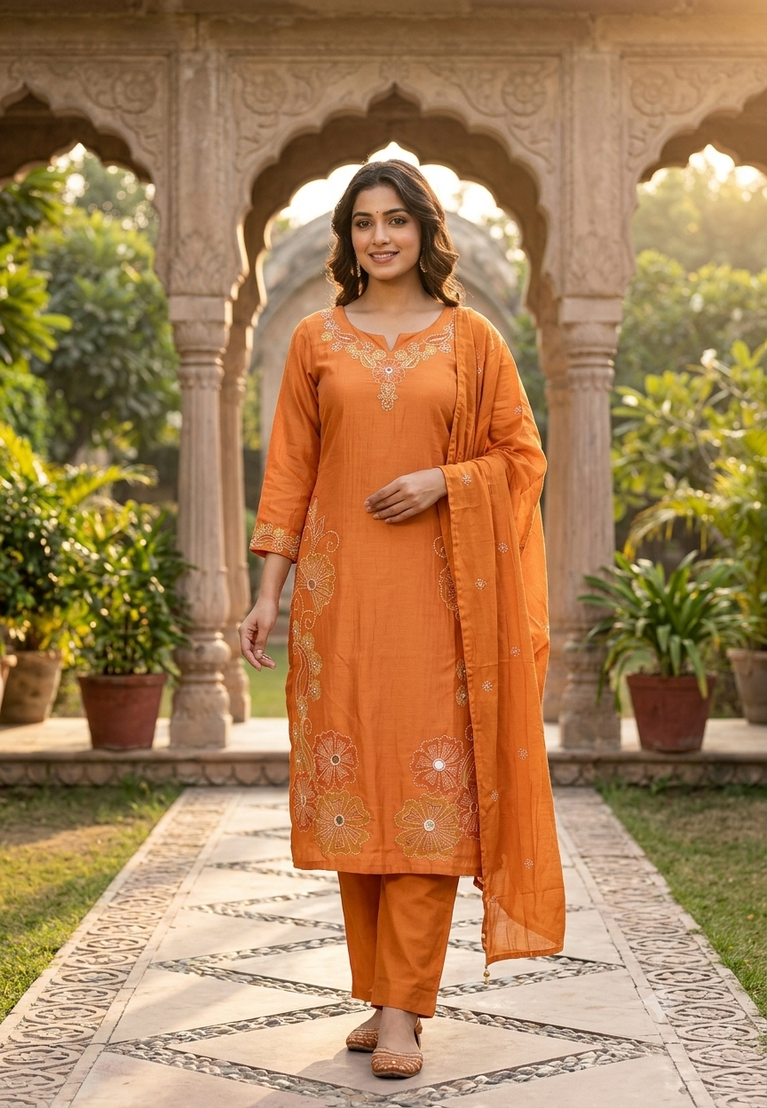 Intricate Embroidered Elegance Surat Mul-Chanderi Straight Full Suit Set With Dupatta- 16085