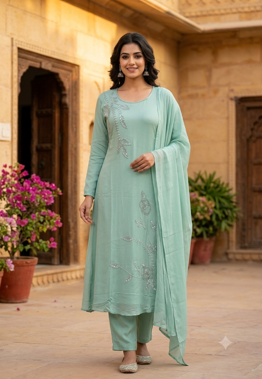 Vine & Floral Branch Intricate Cutdana Embroidered Full Suit Set With Dupatta- 15939