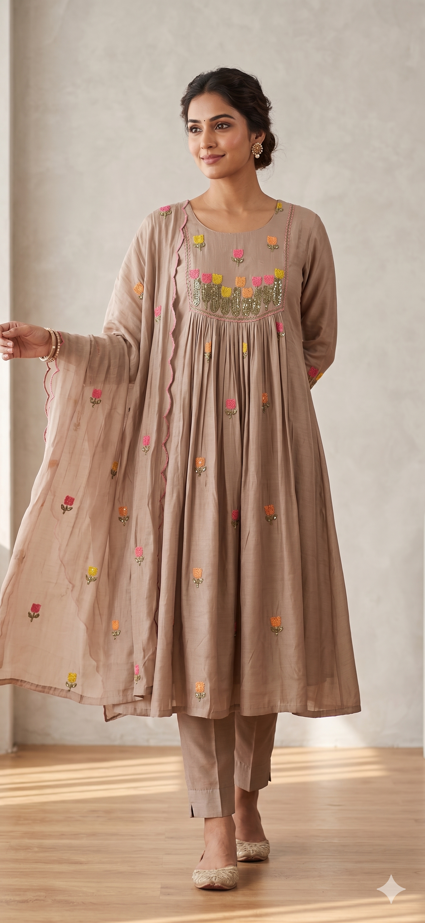 Festive Ethnic Ensemble with Floral Motif Embroidery Surat Mul-Chanderi Full Suit Set With Dupatta- 15079