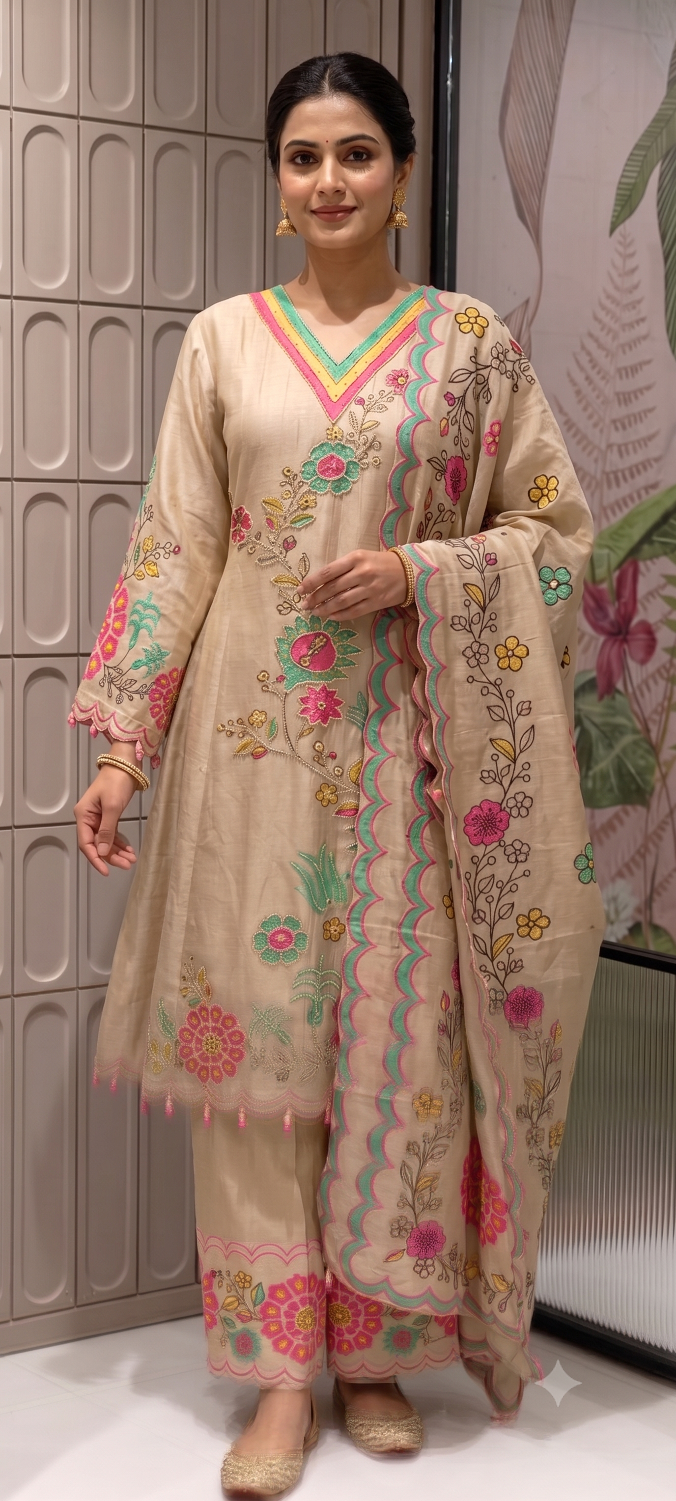 Multicolor Print Tiny Pearl Highlights Artisnal Tissue A-Line Full Suit Set With Dupatta- 14292