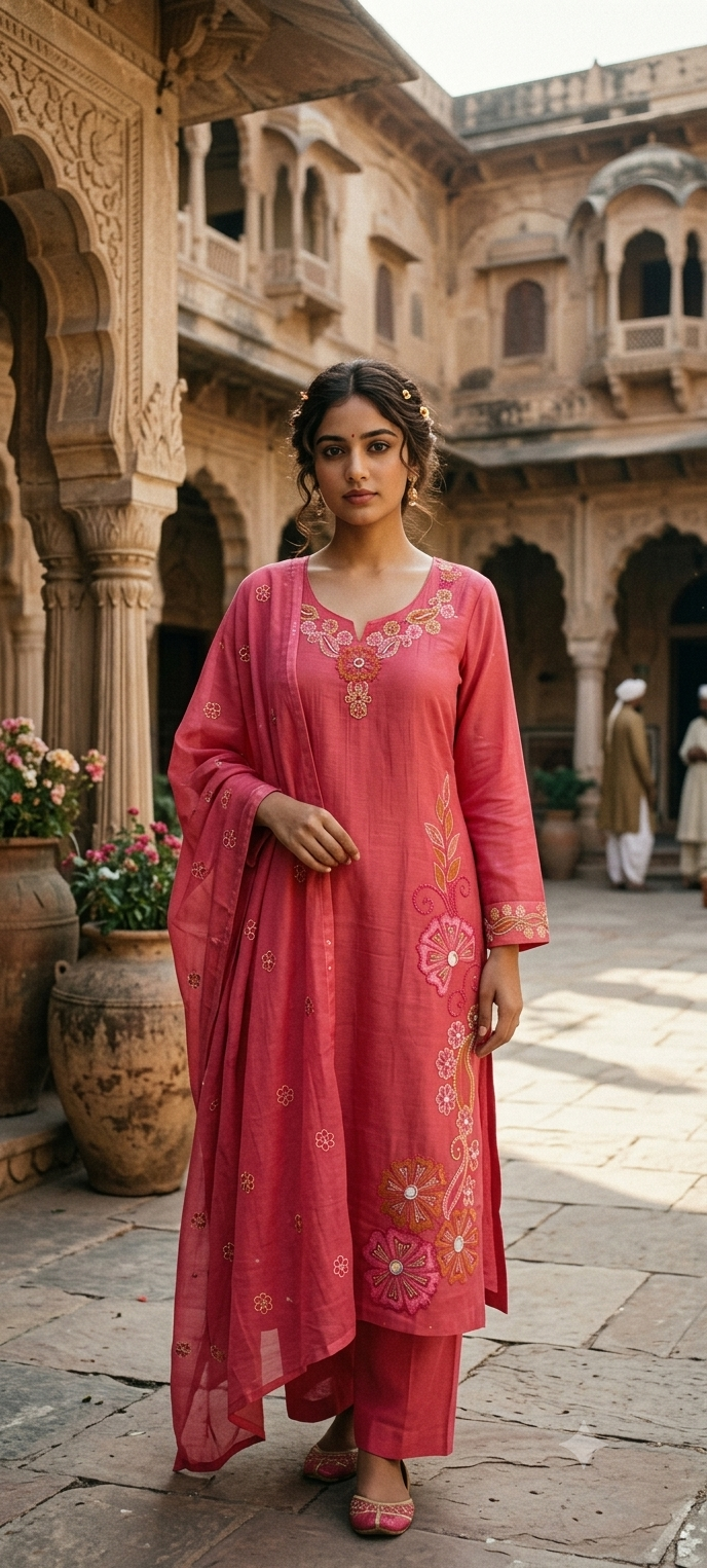 Intricate Embroidered Elegance Surat Mul-Chanderi Straight Full Suit Set With Dupatta- 16085
