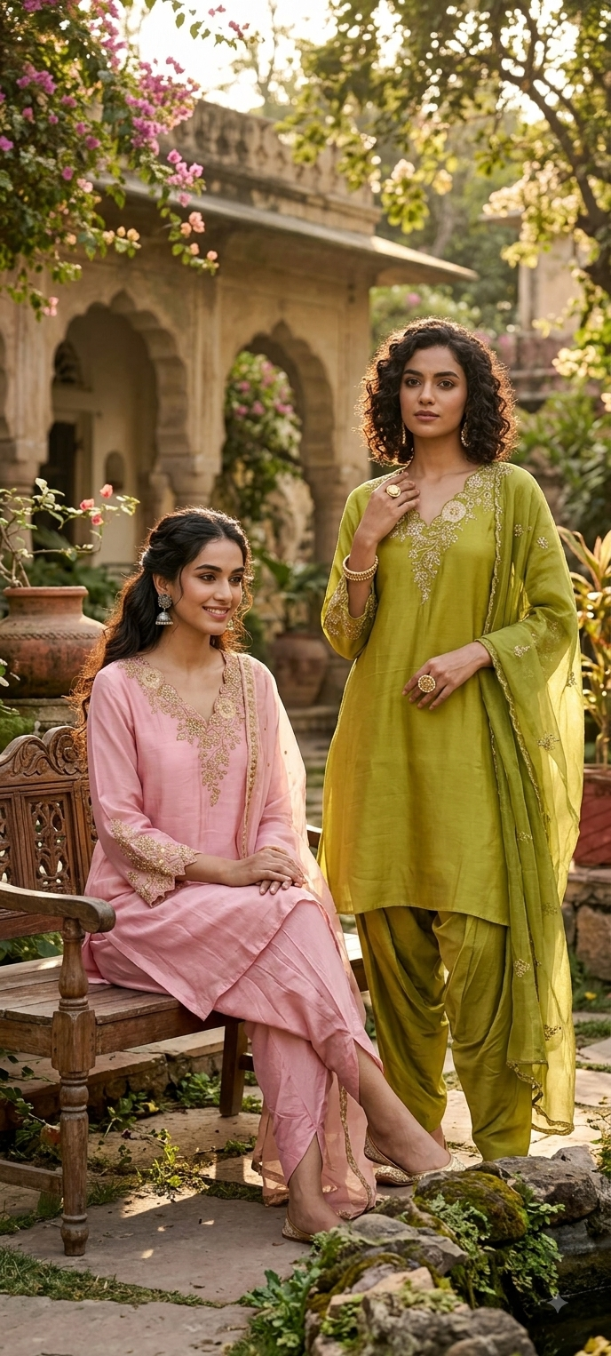 Leavy Embroidered Neckline With Cut-Dana Upwork Russian Silk Co-Ord Set- 15125