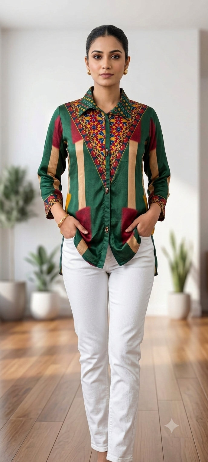 Ajrakh Assymetric Multicolor Print Crepe Casual Wear Shirt- 15323