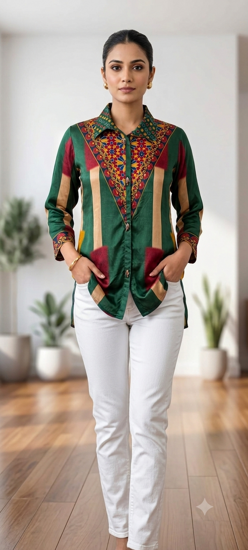 Ajrakh Assymetric Multicolor Print Crepe Casual Wear Shirt- 15323