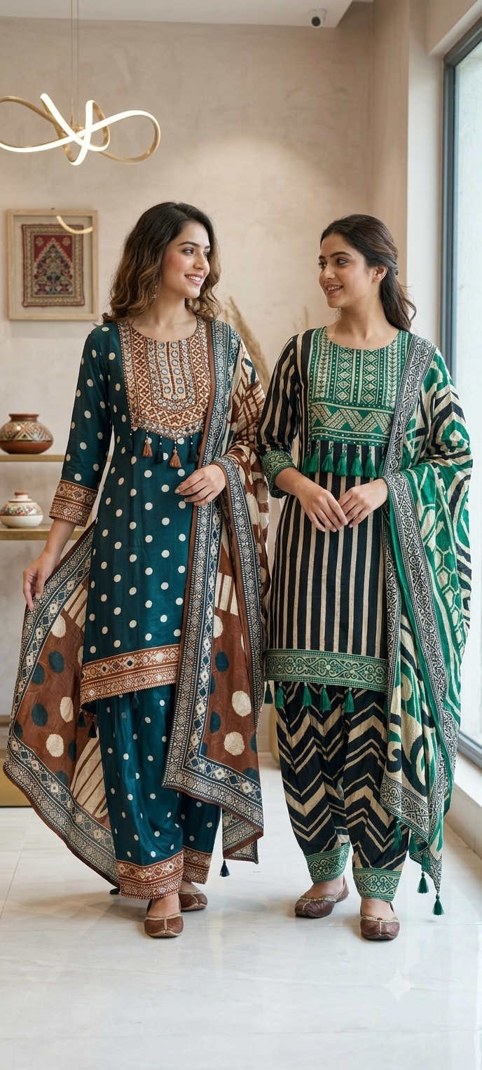 Boho Chich Tribal Inspired Multicolor Print Crepe Full Suit Set With Dupatta- 15417, 15120