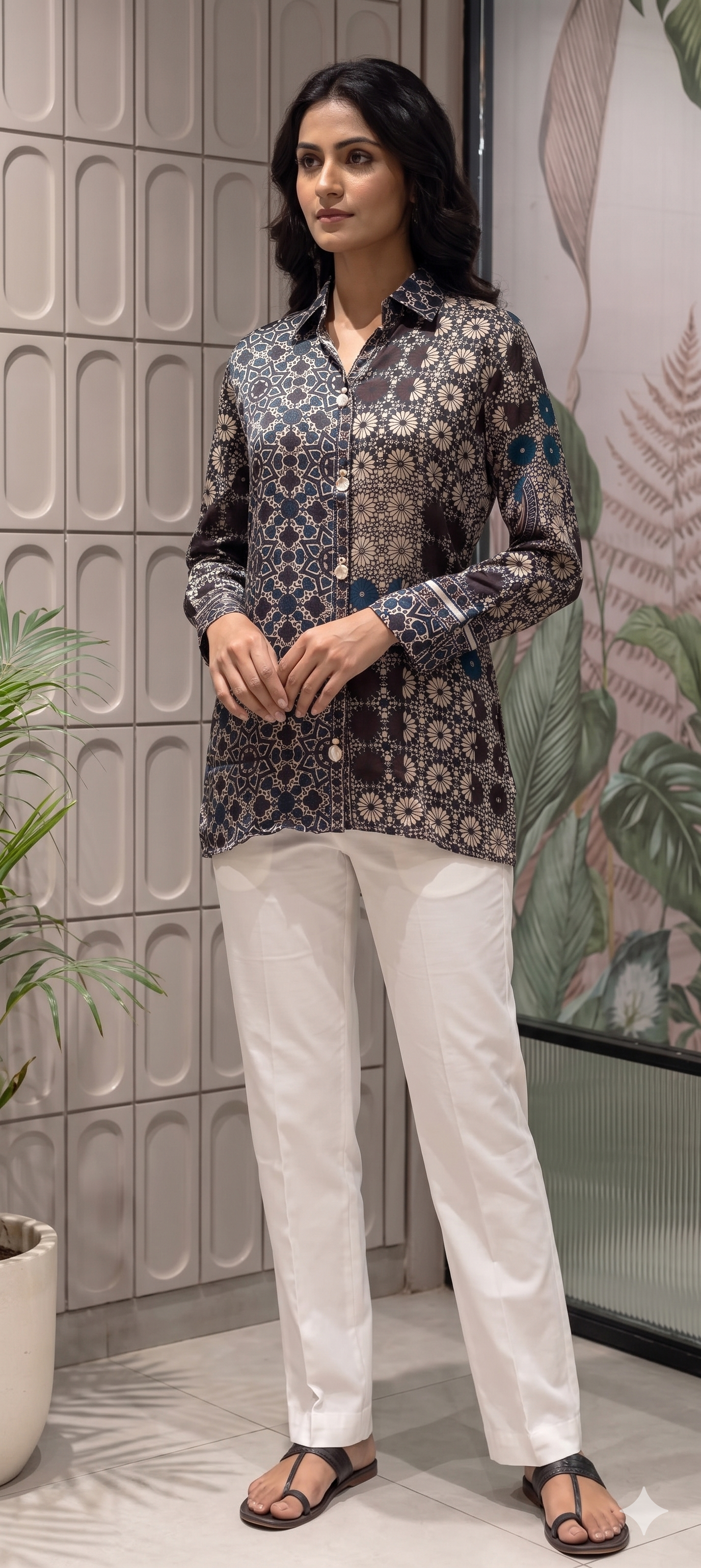Abstract Gajji Silk-Blend Kaleidoscope Print Button-Down Shirt- 14837