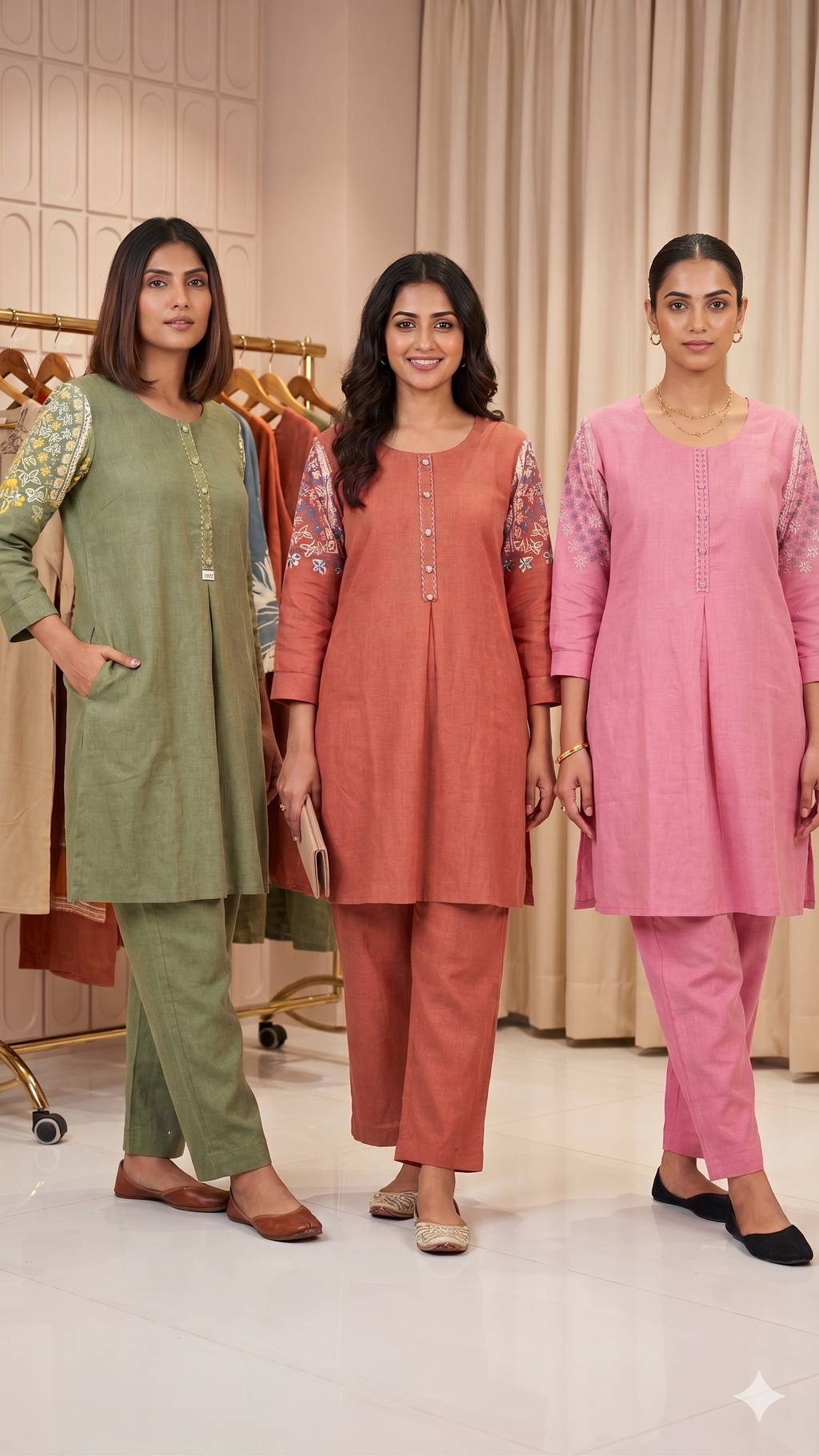 Very Minimal Embroidery Over Sleeve Buttoned Solid Cotton Co-Ord Set