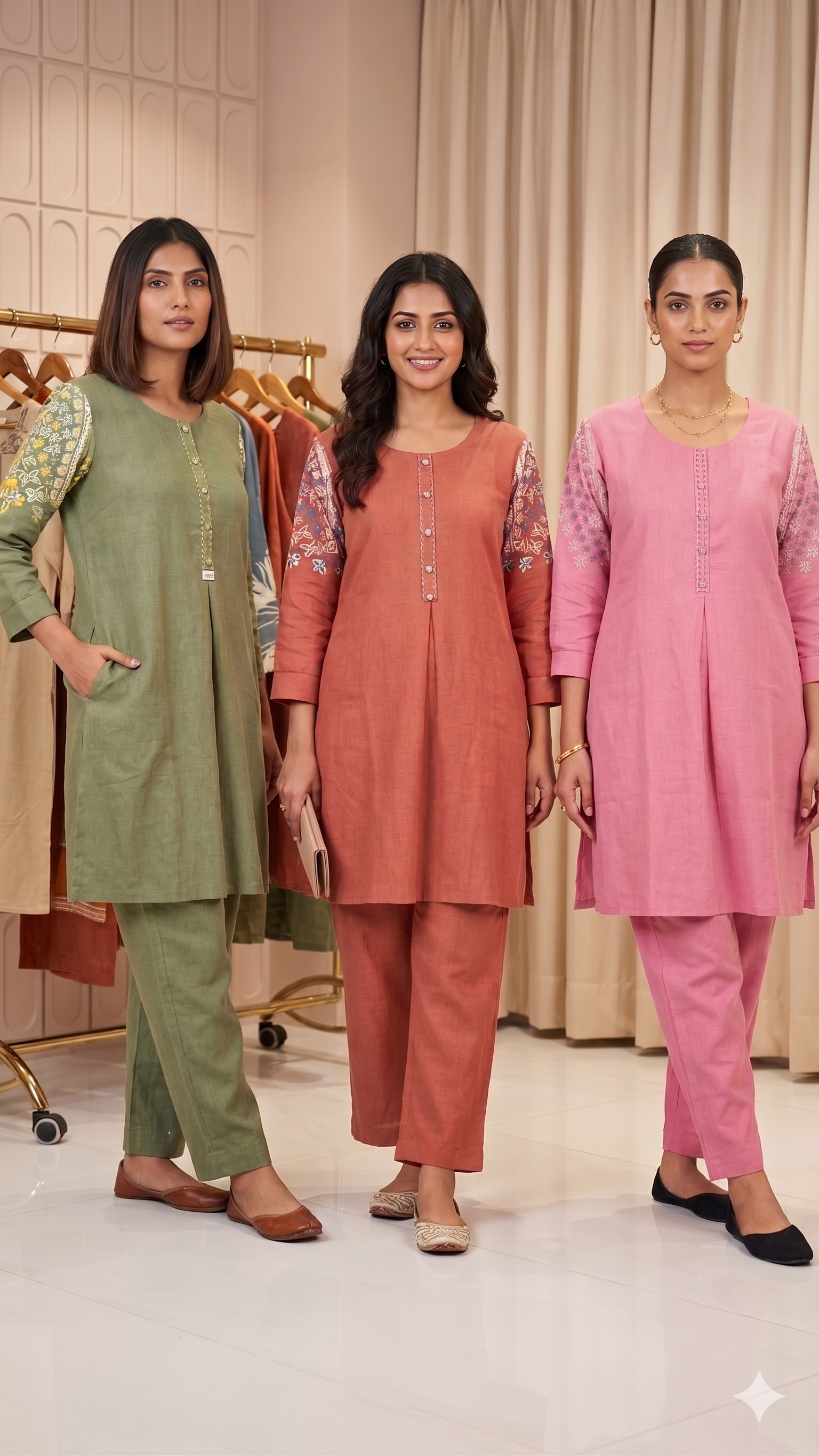 Very Minimal Embroidery Over Sleeve Buttoned Solid Cotton Co-Ord Set