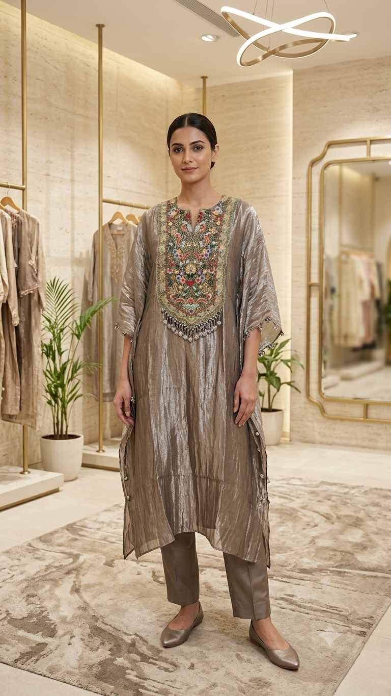 Premium Handcrafted Tissue Kaftan with Bottom And Multicolor Floral Embroidery-15684