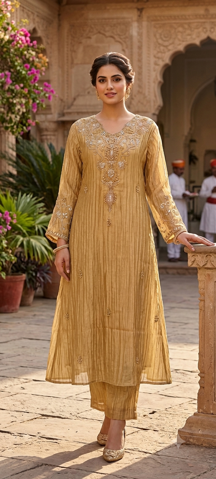 Golden Glow Crushed Tissue A-Line Full Suit Set with Intricate Silver Embroidery Zardozi Yoke- 15389